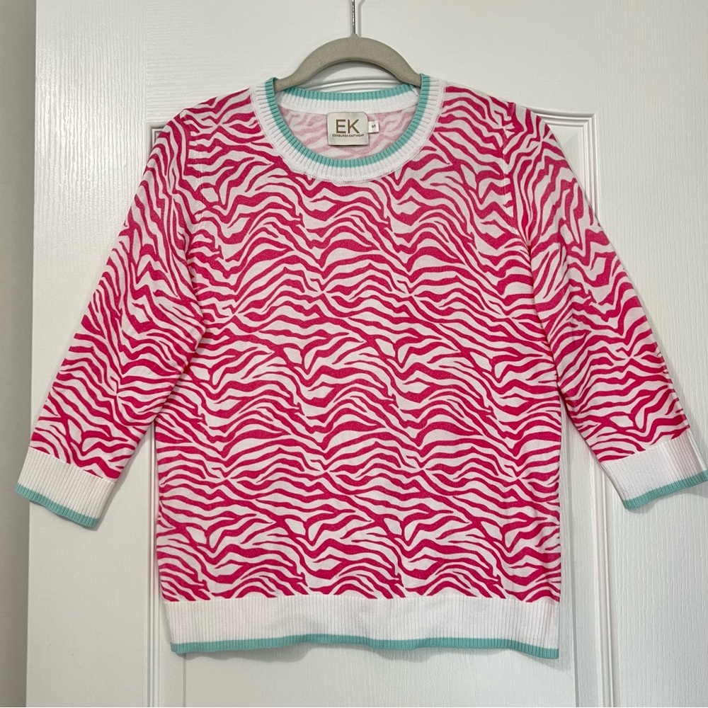 Edinburgh Knitwear Pink Zebra Animal Print Pema Cotton Long Sleeve Sweater